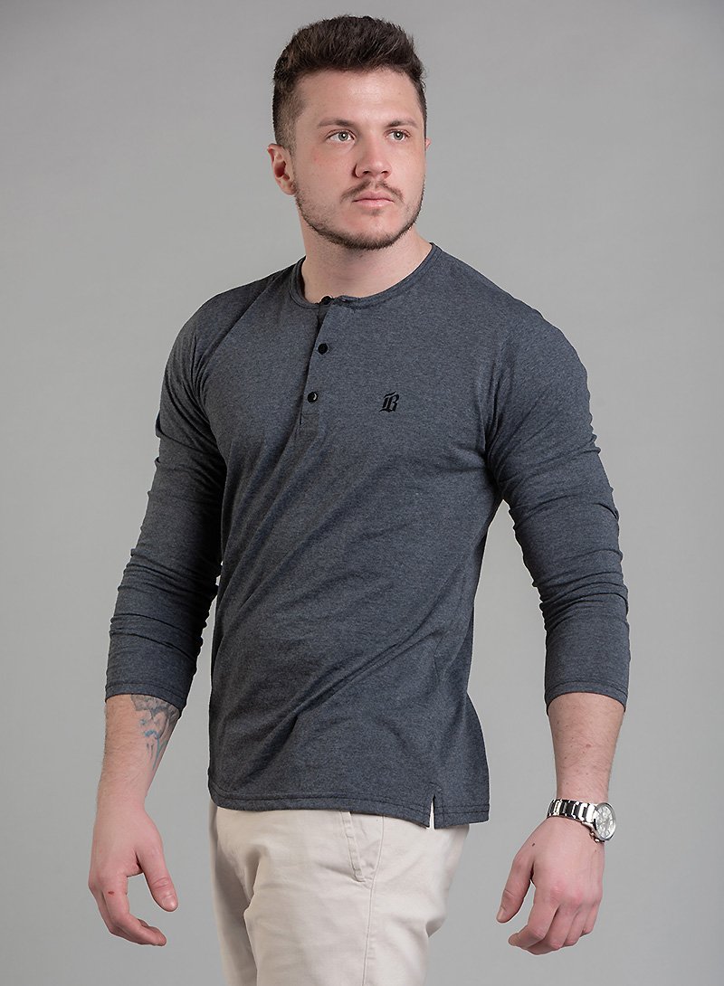 Camiseta Henley Gola Portuguesa Manga Longa Cinza Grafite Bluhen