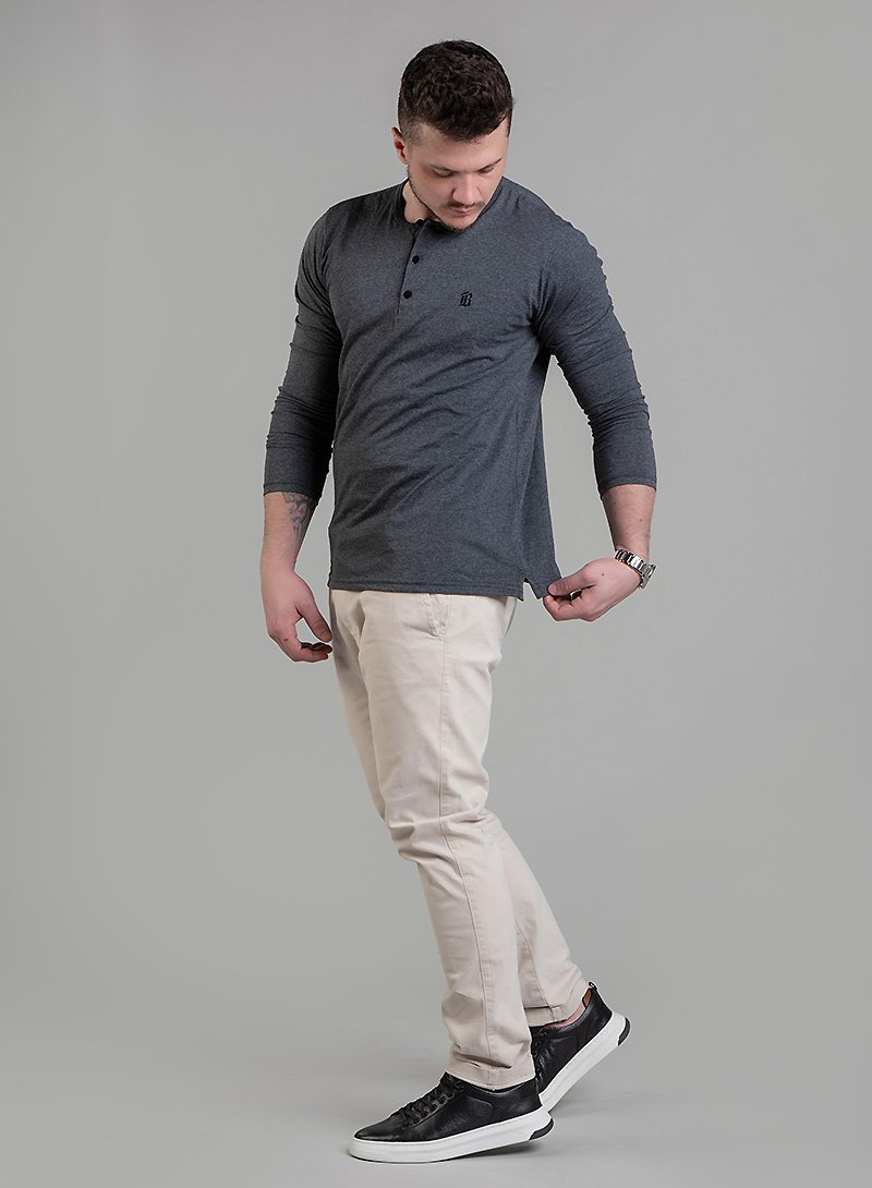 Camiseta Henley Gola Portuguesa Manga Longa Cinza Grafite Bluhen