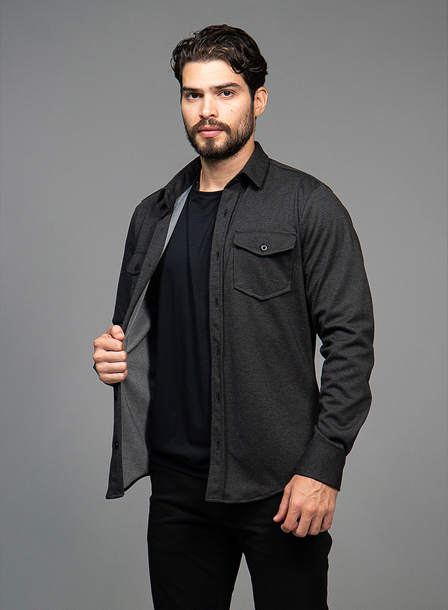 Camisa Cargo Masculina Overshirt de Malha Ponto Roma Grafite