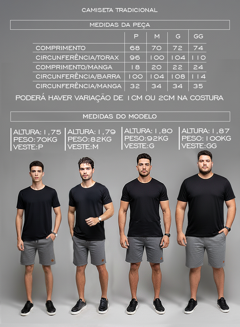tabela de medidas camiseta tradicional basica sem logo peito