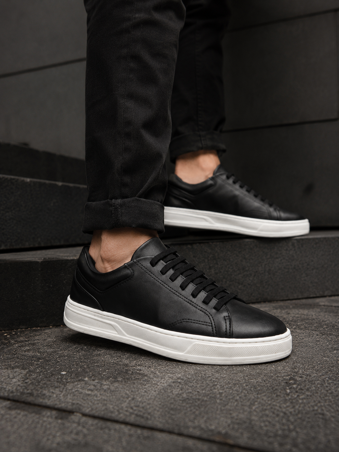 tenis casual masculino couro sintetico preto stryde linha inverno verao solado branco